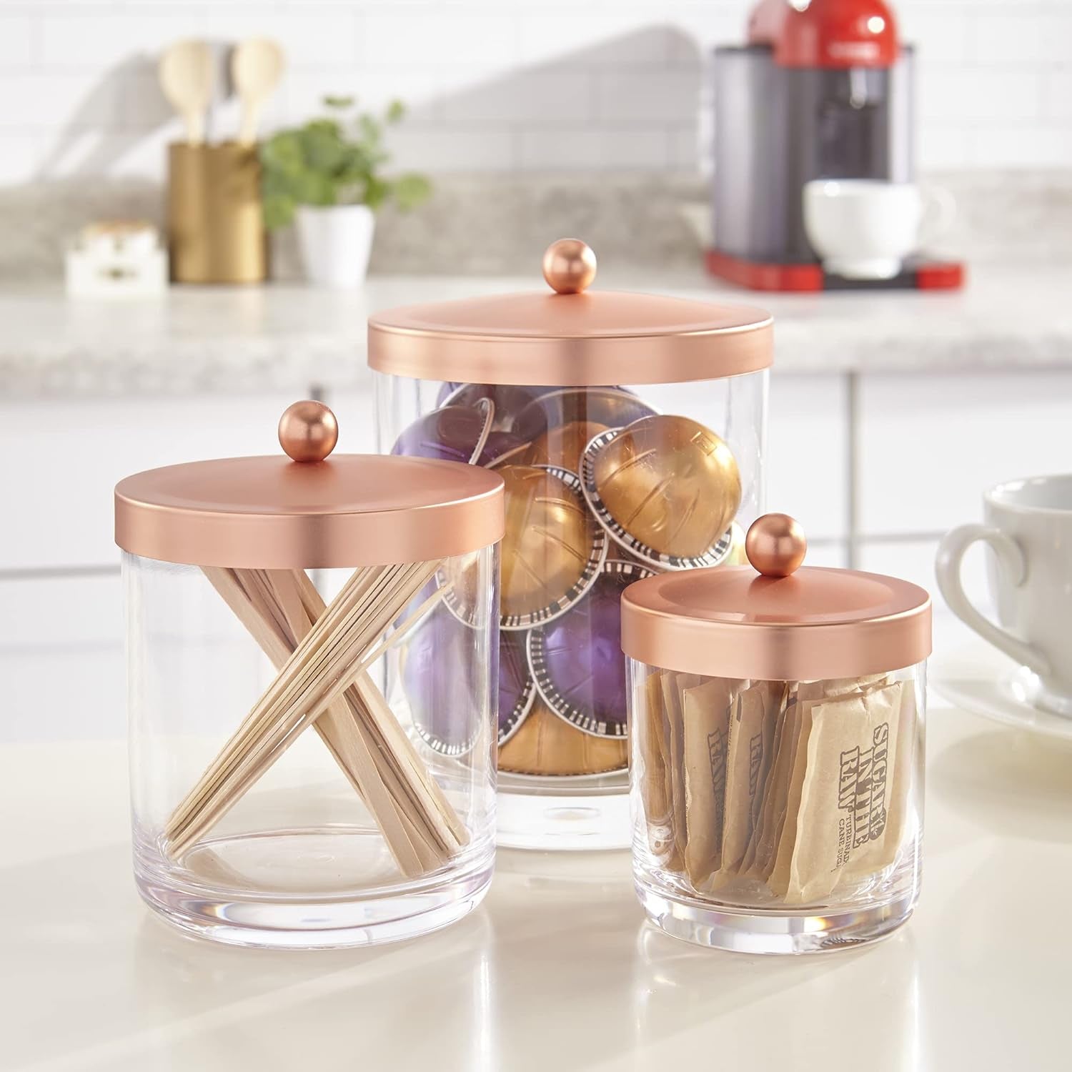 3-Pack Premium Quality Qtip and Cotton Ball Holders | 15-Oz, 30-Oz, and 60-Oz Clear Plastic Apothecary Jars with Matte Rose Gold Lids | Perfect Containers for Bathroom and Vanity